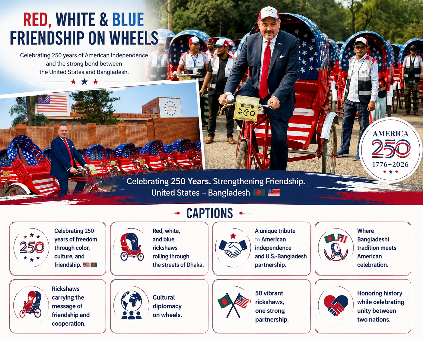 Red, white, and blue rickshaws rolling through the streets of Dhaka