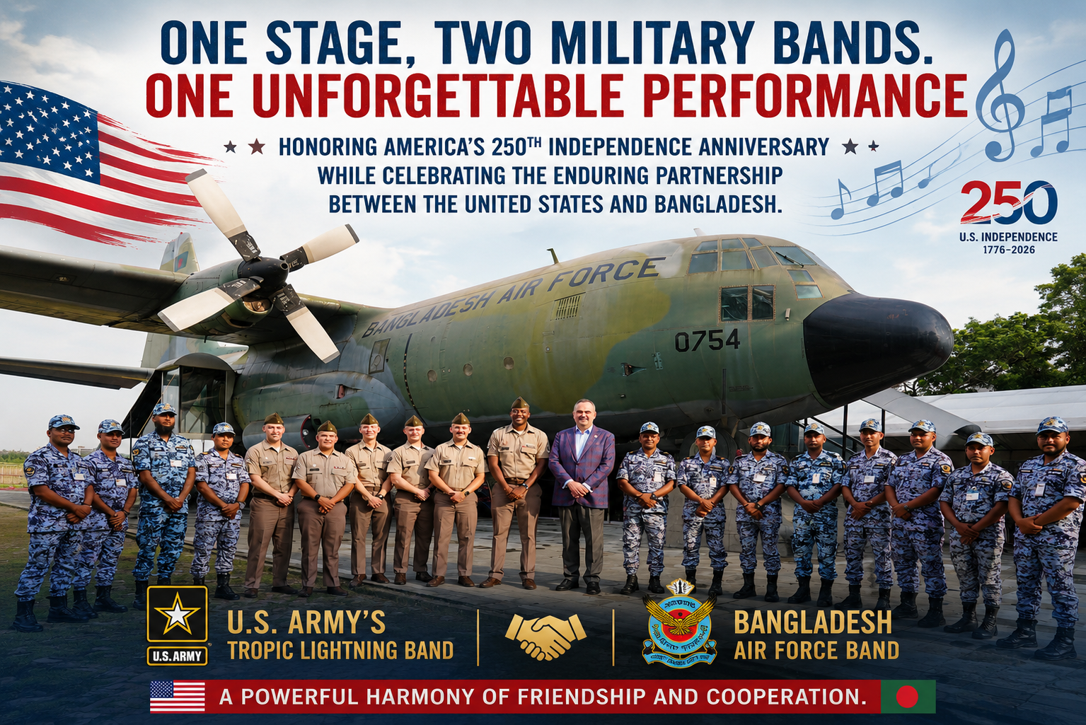 U.S. Army Tropic Lightning Band and Bangladesh Air Force Band Unite on Stage to Celebrate 250 Years of American Independence