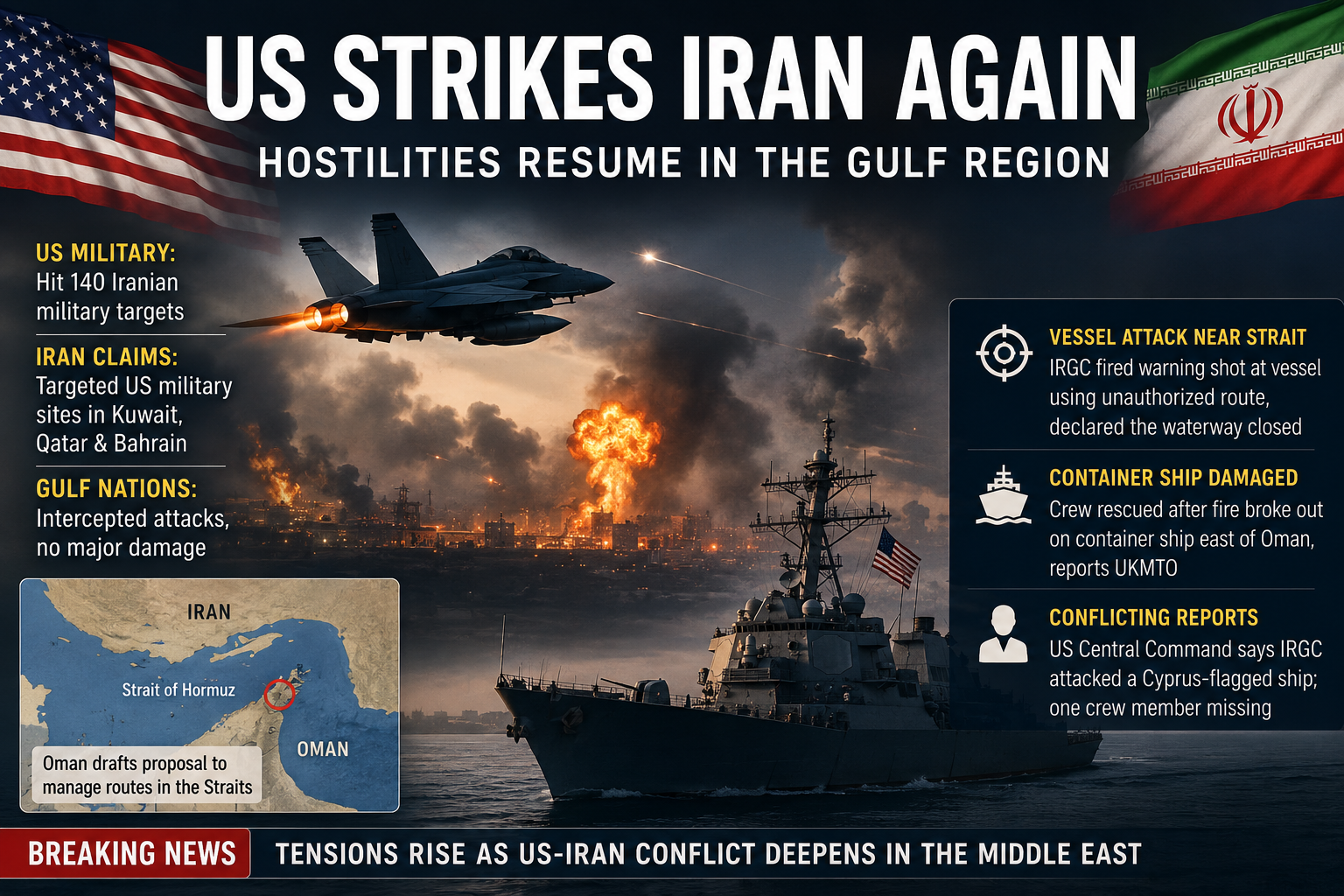 US Launches New Strikes on Iran as Regional Hostilities Escalate; Gulf States Report Intercepting Attacks