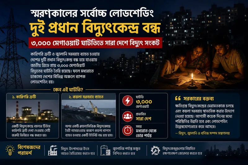 স্মরণকালের সর্বোচ্চ লোডশেডিং: দুই প্রধান বিদ্যুৎকেন্দ্র বন্ধ, ৩,০০০ মেগাওয়াট ঘাটতিতে দেশজুড়ে বিদ্যুৎ সংকট
