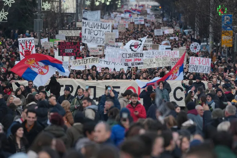 Thousands Protest Against President Vučić at Slavija Square in Belgrade