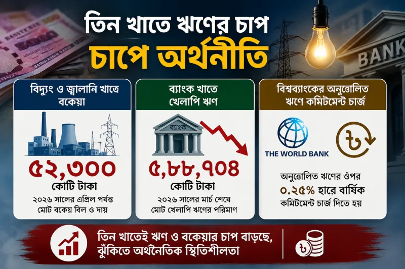 বিদ্যুৎ ও জ্বালানী খাতে ৫২ হাজার কোটি বকেয়া, ব্যাংকে ৫.৯ লাখ কোটি খেলাপি ঋণ, বিশ্বব্যাংকের অনুত্তোলিত ঋণেও বাড়ছে ব্যয়