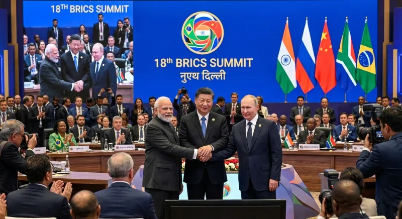 ১৮তম ব্রিকস সম্মেলনে নয়াদিল্লি ঘোষণাপত্রে স্বাক্ষর শেষে ঐক্যবদ্ধ অবস্থান প্রকাশ করছেন সদস্য রাষ্ট্রগুলোর শীর্ষ নেতৃবৃন্দ।